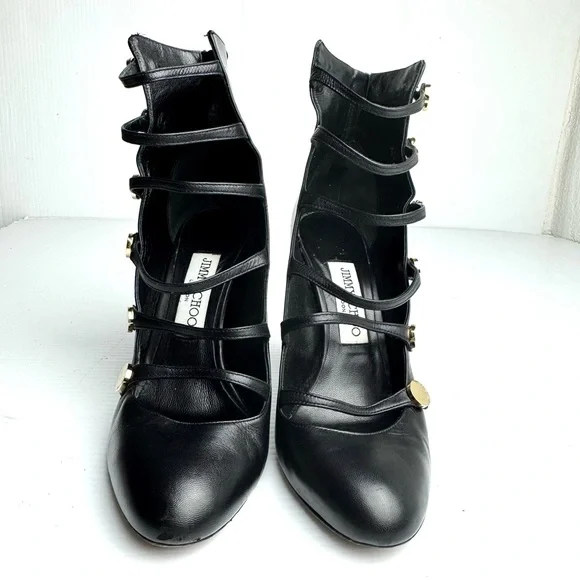 Jimmy Choo Venice black leather multi strap 100 MM pump size 7